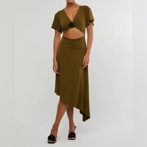 WeWoreWhat Asymmetrical Cutout Midi Dress Sz M Olive Green Knit Stretch Dress